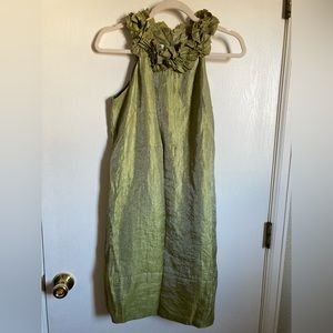 *London Times Lime Green Metallic Ruffle Neck Sleeveless Sheath Dress #Br